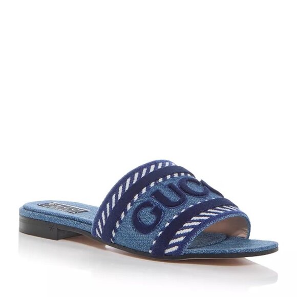 Gucci Shoes - Gucci Jane Denim Logo Embroidered Flat Slide Sandals Shoes Blue